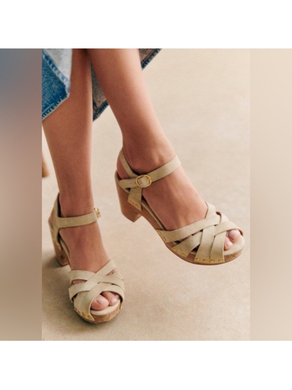 Sézane Isabelle Clogs in Sandstone Taupe Suede Leather Cross Platform Sandal